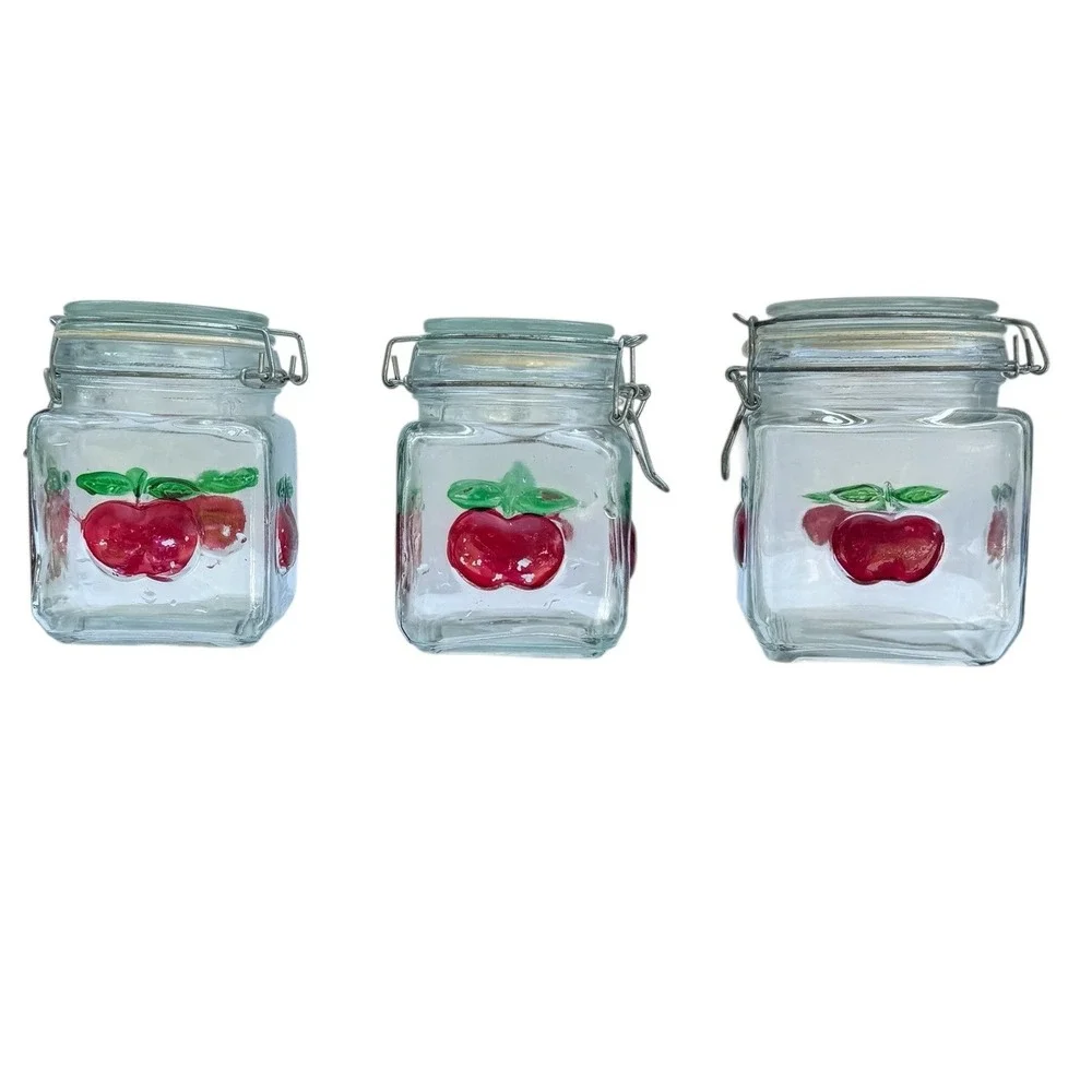 Red Apple Glass Canister Set of 3 Square Jars Vintage Locking Lids Farmhouse